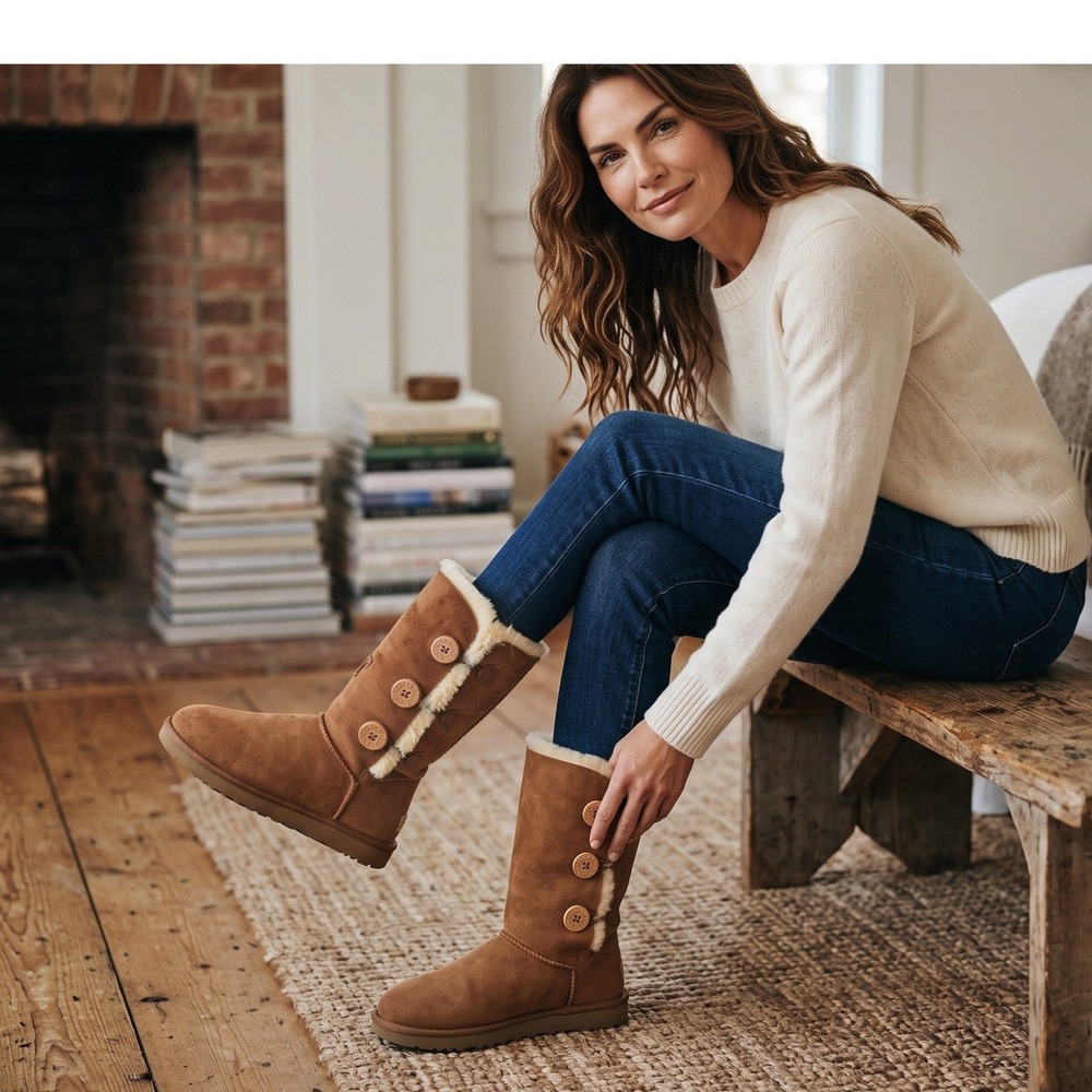 UGG Bailey Button Triplet II Boots Chestnut Suede Tall Shearling 1016227 Women 6